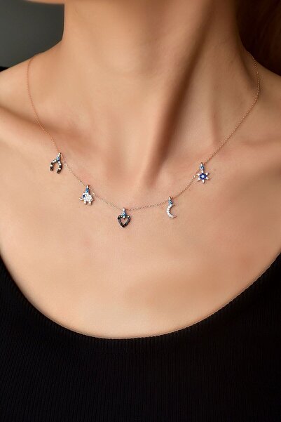 Papatya Silver 925 Ayar Gümüş Rose Kaplama Göz Mineli Zirkon Taşlı Şans Kolye