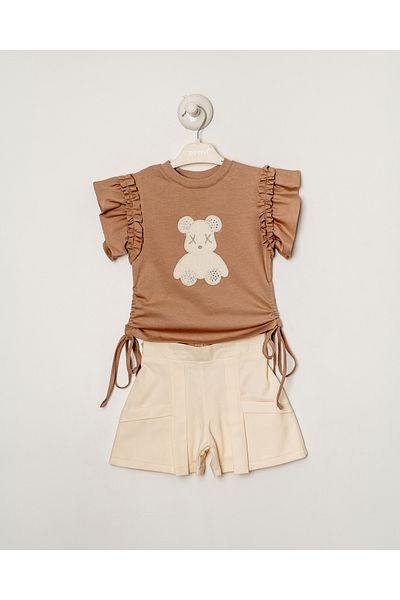Titimixkids Girls Pearl and Stone Detailed Top Bottom Set T-Shirt Shorts 2-5 Years