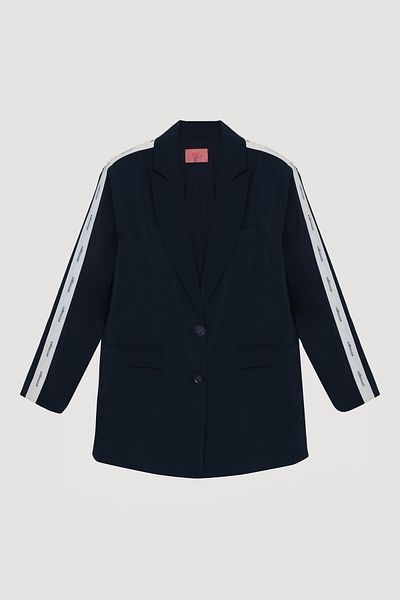 Quzu Stronger Stripe Printed Double Breasted Collar Blazer Navy Blue