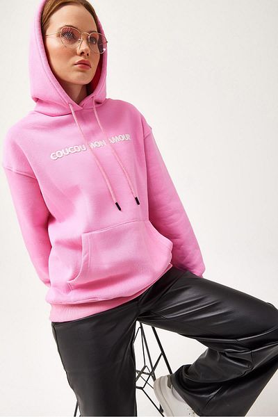 CALİENTE Oversize Hooded Kangaroo Pocket Sweatshirt Pink