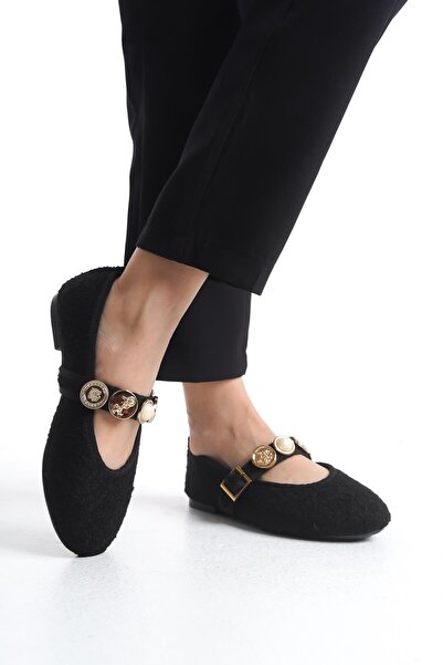 Bak Store Black Tweed Women's Ballerina Ballerina Pearl Buckle Adjustable Strap Lightweight Comfortable Stylish Business Office Casual Shoes