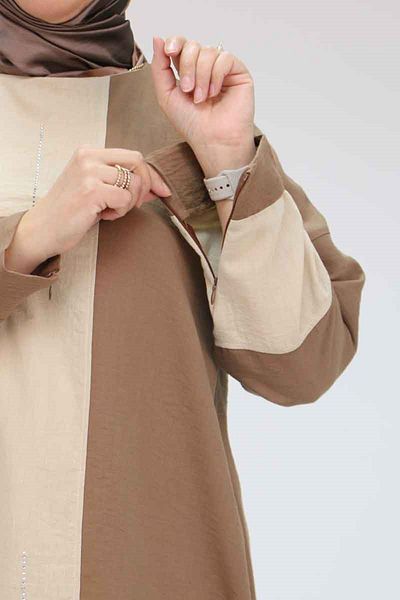 Eslina 58006 Large Size Double Color Combination Linen Tunic - Brown