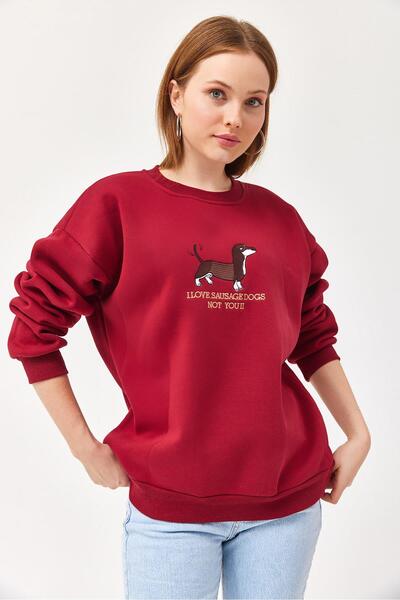 CALİENTE Embroidered Three-Threaded Sweatshirt in Burgundy