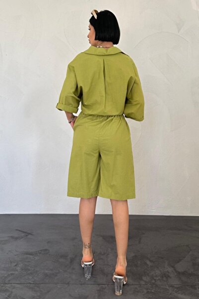 fh fashionhere Комплект от ленена риза с къси ръкави и шорти в цвят маслинено...