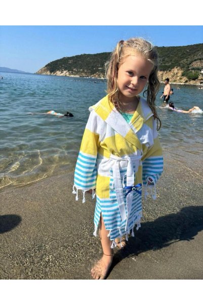 Aysesa Eco-Friendly Striped 100% Cotton Children's Peshtemal Bathrobe with Hood – Colorful Tassels, Beach and Bath