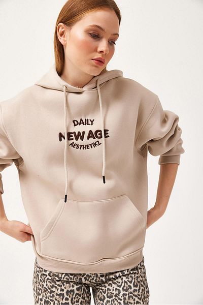 CALİENTE Oversize Hooded Kangaroo Pocket Sweatshirt Beige
