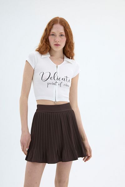 Quzu Brown Mini Skirt - Pleat Detail and Elastic Waist