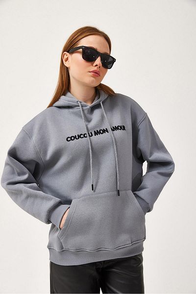 CALİENTE Oversize Hooded Kangaroo Pocket Sweatshirt Smoked