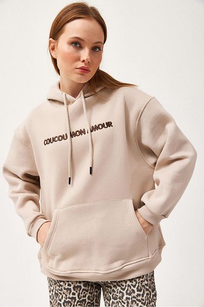 CALİENTE Oversize Hooded Kangaroo Pocket Sweatshirt Beige