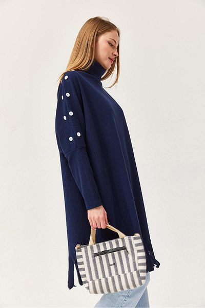 CALİENTE Button Detailed Tasseled Tunic Navy Blue