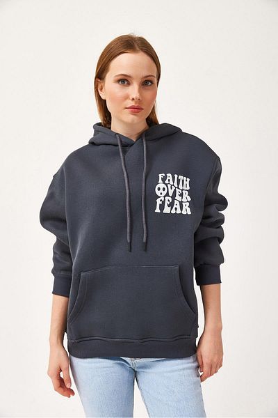 CALİENTE Oversize Hooded Kangaroo Pocket Sweatshirt Anthracite
