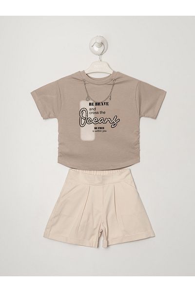 Titimixkids Комплект от две части с колие за момиче, детайлен, къси панталонки, тениска, 2-5 години