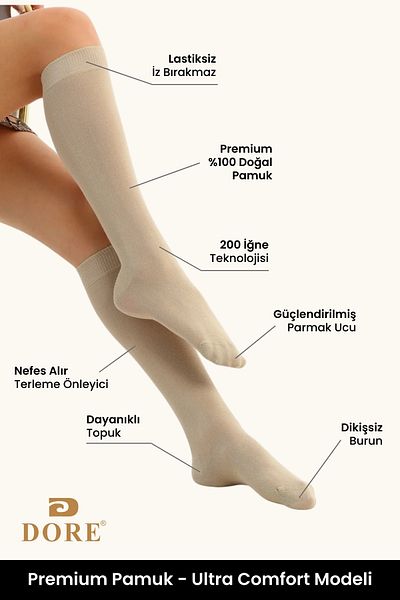 Dore Women's Premium Knee-Length Cotton Socks - 4 Pairs, Seamless and Skin-Free Luxury Bottoming