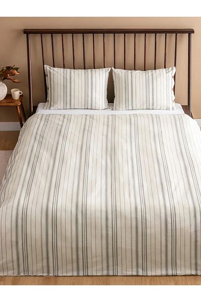 LC Waikiki Gray Striped Double Duvet Cover Set
