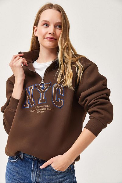 CALİENTE Hanorac oversize cu guler ridicat cu fermoar brodat Nyc, maro