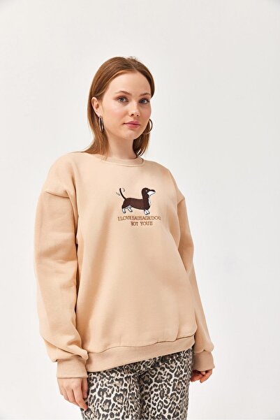 CALİENTE Embroidered Three-Strand Sweatshirt Beige