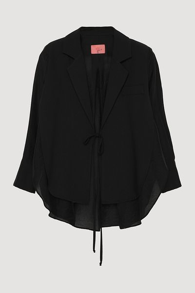 Quzu Double Breasted Collar Front Tie Blazer Jacket Black