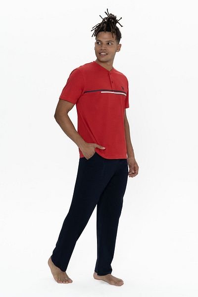 U.S. Polo Assn. يو اس بولو اسن. 18901 بدلة بيجامة ركوب قصيرة الأكمام باللون الأحمر للرجال