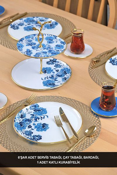 Glore Blue Rose Gold Gilded 19 Piece Tea Serving Set for 6 People