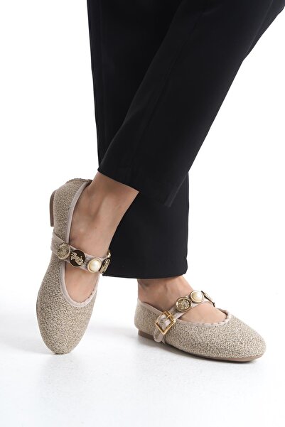 Bak Store Beige Tweed Women's Ballerina Ballerina Pearl Buckle Adjustable Strap Lightweight Comfortable Stylish Work Office Casual Shoes