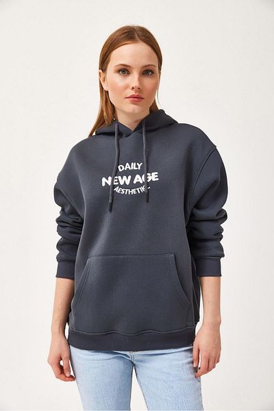 CALİENTE Oversize Hooded Kangaroo Pocket Sweatshirt Anthracite