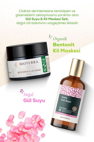 Bioterra مجموعة قناع ماء الورد والطين - لشد المسام للبشرة الدهنية والمختلطة