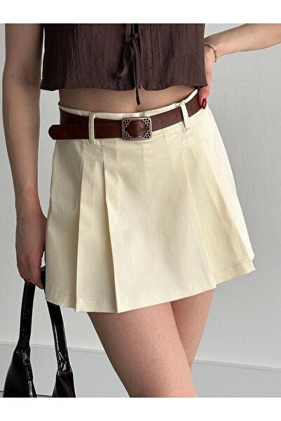 Maude Kadın Ecru  Piliseli Kemerli Mini Şortlu Etek