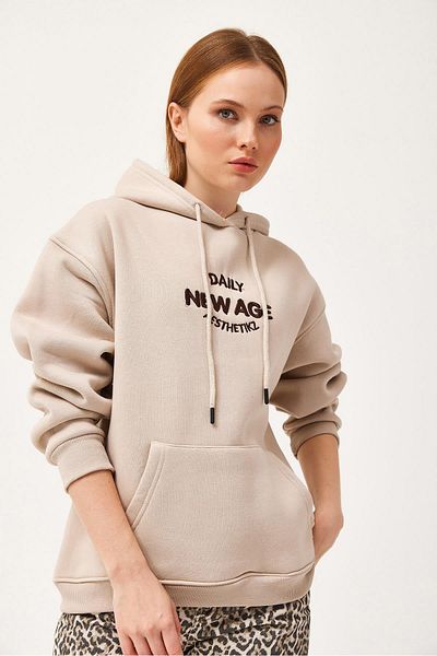 CALİENTE Oversize Hooded Kangaroo Pocket Sweatshirt Beige