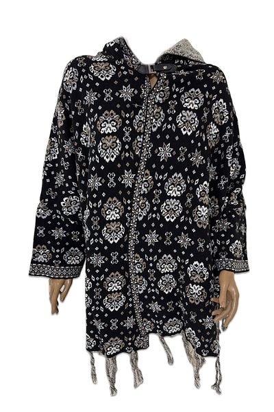 BRV Tekstil Women's Black Floral Patterned Oversize Knitwear Poncho Sweater with Side Slits