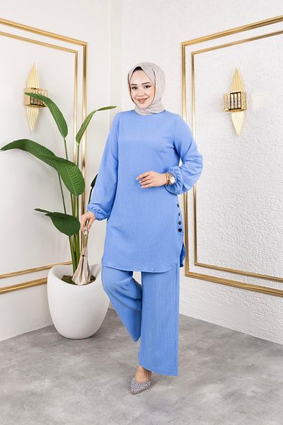 Moda Ebva Button Detailed Wrapped Fabric Hijab Suit-3153 Baby Blue