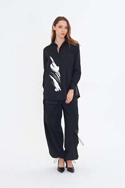 LAMANTE SIRT DETAYLI BASKILI SİYAH TASARIM GÖMLEK