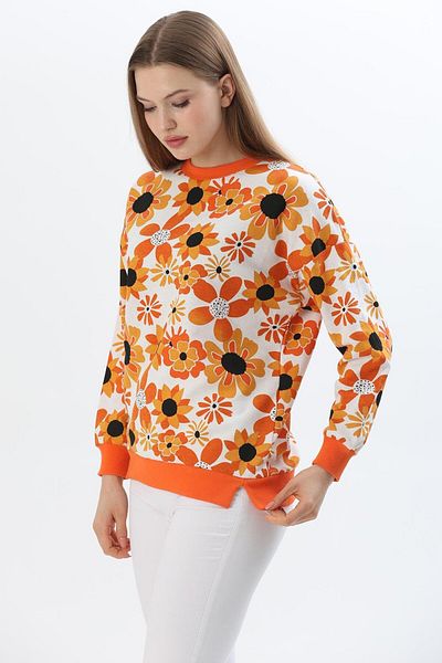 CALİENTE Flower Pattern Two Thread Sweatshirt Orange
