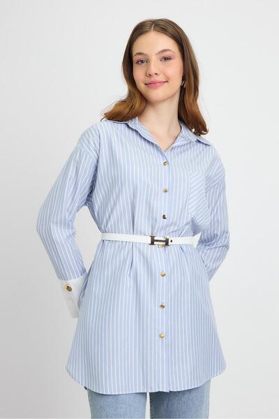Rays 4298A Çizgili Kemerli Tunik Mavi