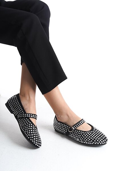 Bak Store Black Stone Women's Ballerinas Adjustable Straps Lightweight Comfortable Stylish Work Office Casual Shoes