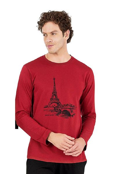 Pierre Cardin 6064 Men's Long Sleeve Crew Neck Pajama Set-Burgundy
