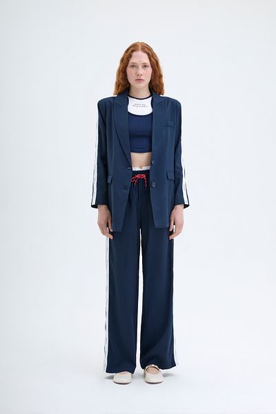 Quzu Navy Blue Stripe Printed Elastic Waist Trousers
