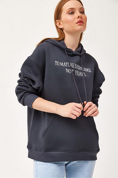 CALİENTE Oversize Hooded Kangaroo Pocket Sweatshirt Anthracite