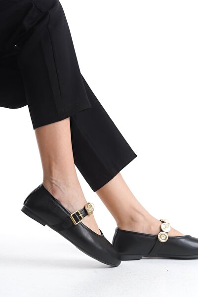 Bak Store Black Skin Women's Ballerina Ballerina Pearl Buckle Adjustable Strap Lightweight Comfortable Stylish Work Office Casual Shoes