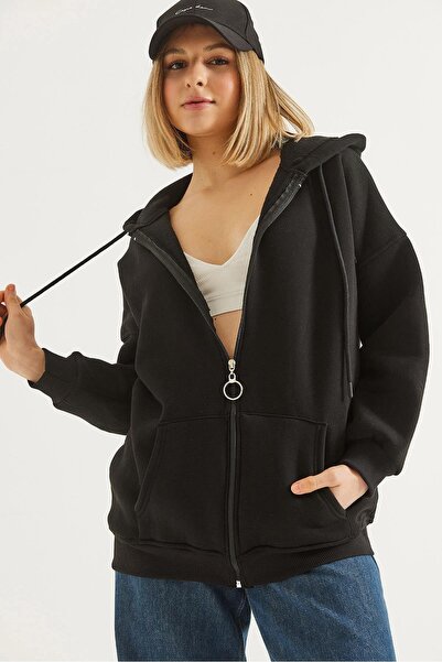 CALİENTE Hooded Oversize Ribbon Sweatshirt with Zippered Pockets Black
