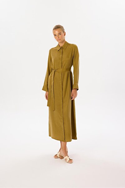 TERZİ DÜKKANI GLORIA TAŞLANMIŞ İPEK GÖMLEK ELBİSE YEŞİL