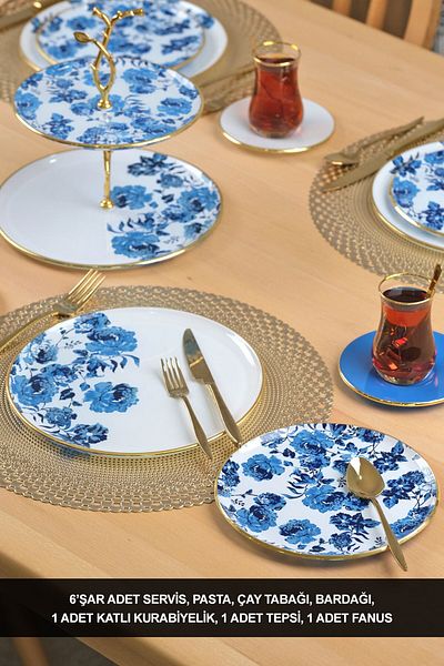 Glore Blue Rose Gold Gilded 6-Person 28-Piece Cake Tea Serving Set
