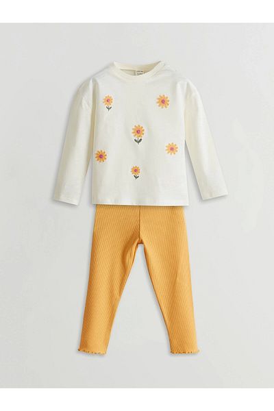 LC Waikiki Lcw Baby Ecru Crew Neck Floral Baby Girl Blouse and Leggings 2Pcs