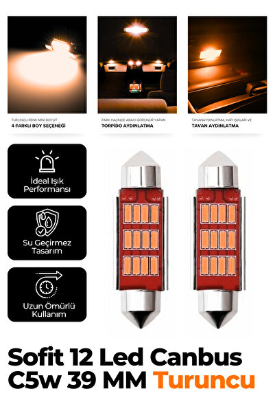Kingstar Sofit 12 Led Canbus C5w Tavan Plaka Ampulü 2 Adet 39 mm Turuncu