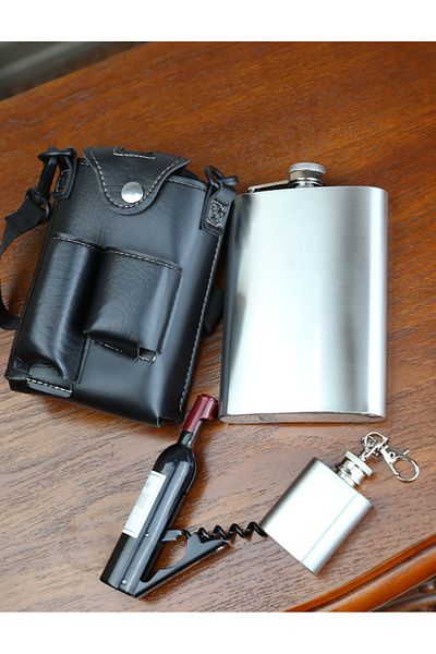 imsaconcept Metal Silver 2-Piece Flask Set with Corkscrew and Keychain Shaped Flask Anniversary Gift