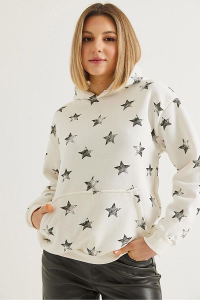 CALİENTE Star Printed Oversized Hooded Sweatshirt Ecru