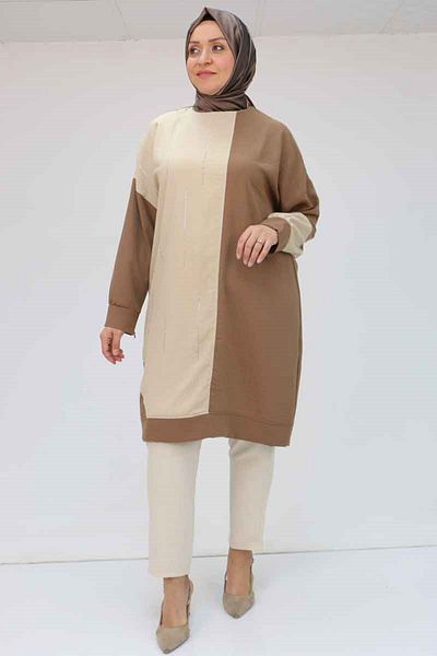 Eslina 58006 Large Size Double Color Combination Linen Tunic - Brown