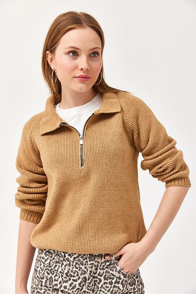 CALİENTE Mânecă lungă cu fermoar Pulover de tricotat cu model confortabil Mink