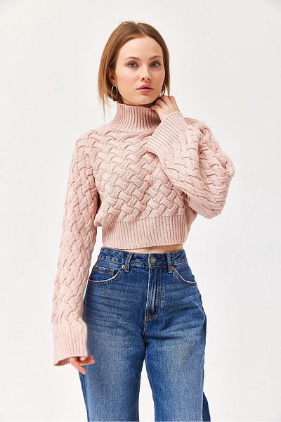 CALİENTE Turtleneck Knitted Pattern Waist Top Short Sweater Powder