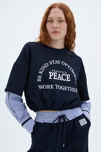 Quzu Navy Blue Sweatshirt - Striped Sleeves and Elastic Waist