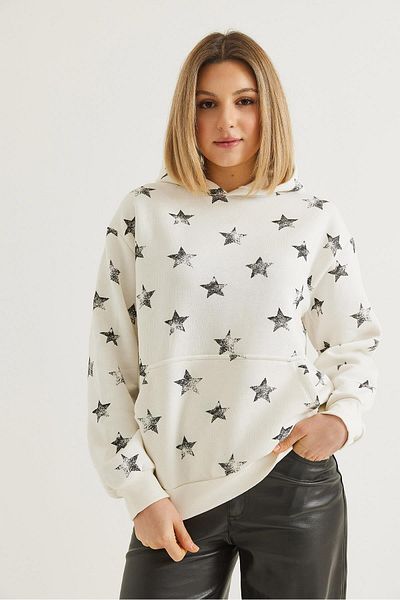 CALİENTE Star Printed Oversized Hooded Sweatshirt Ecru
